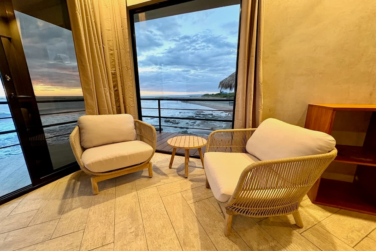 Interior of the Wave View Room at Miramar SurfCamp with ocean and wave views in Nicaragua
